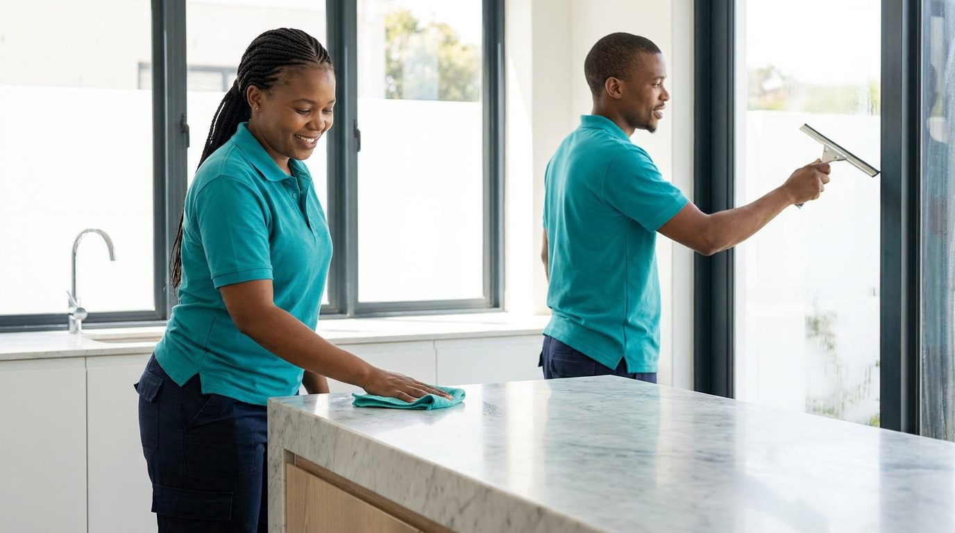 Two Jackie's cleaners working together in a sunlit kitchen
