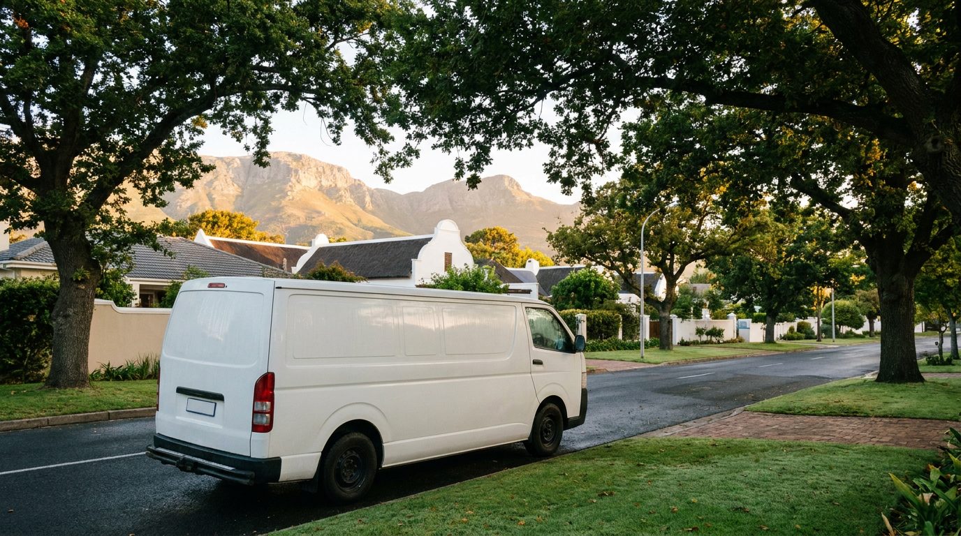 A white van parked on a leafy Somerset West street with the Helderberg mountains behind the rooftops